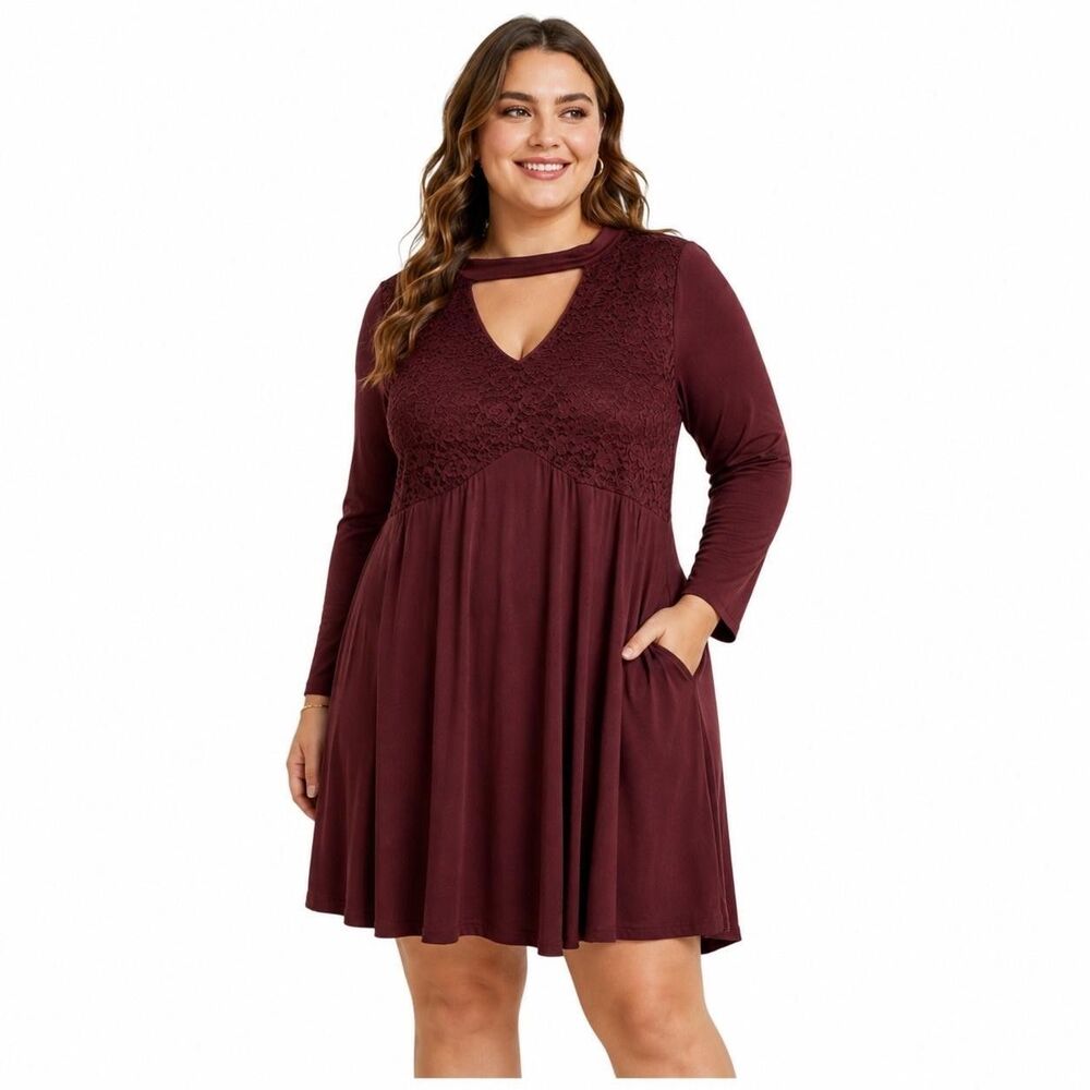 Torrid Dress Womens 1X Red Lace Keyhole Long Sleeve Fit Flare Pockets Swing